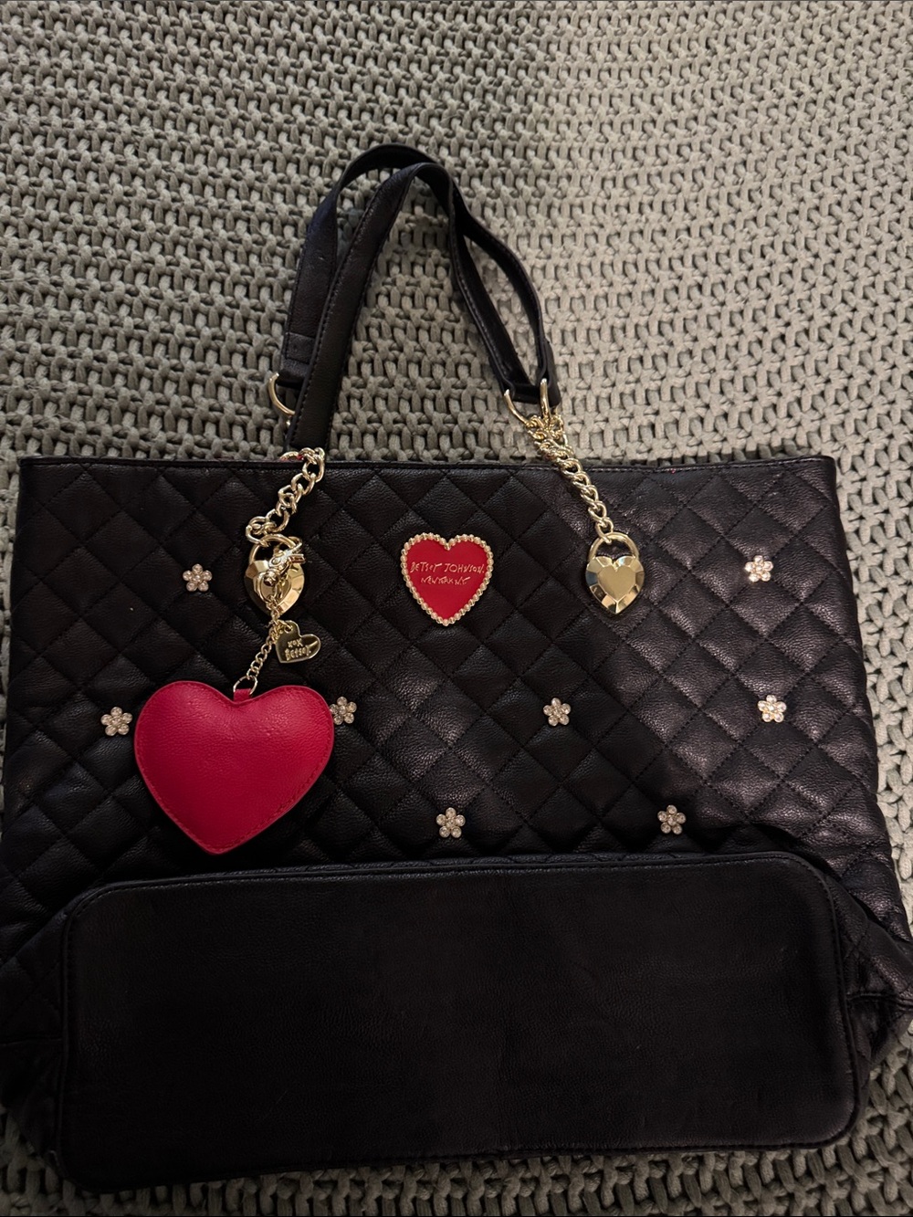 Betsey Johnson Black Quilted Tote with Red Heart Charm and Gold Accents